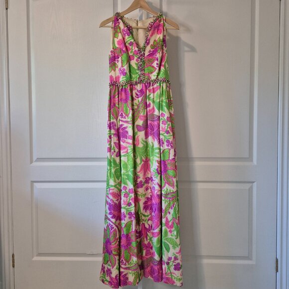 Rare Vintage 60s Malcolm Starr Silk Evening Gown | Rhinestone Detail | M–L - Picture 4 of 11